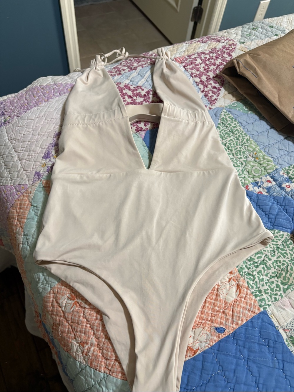 Kids One-Piece Halter Swimsuit in Light Beige